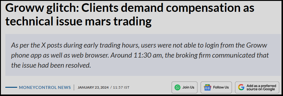 Groww glitch news article showing clients demanding compensation for losses during trading hours