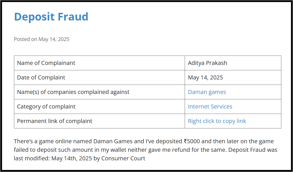 daman games deposit fraud