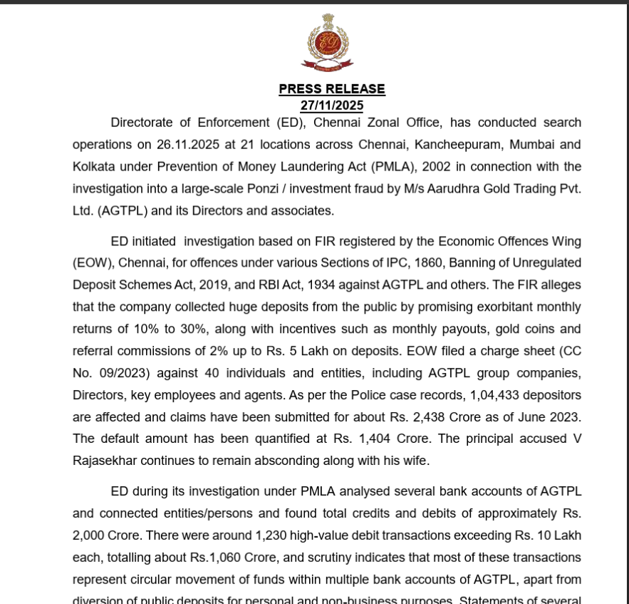 aarudhra gold investment scam ED findings