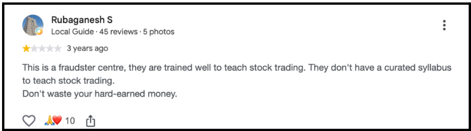 Google review by Rubaganesh S rating StockPro 1 star and criticizing its stock trading course syllabus