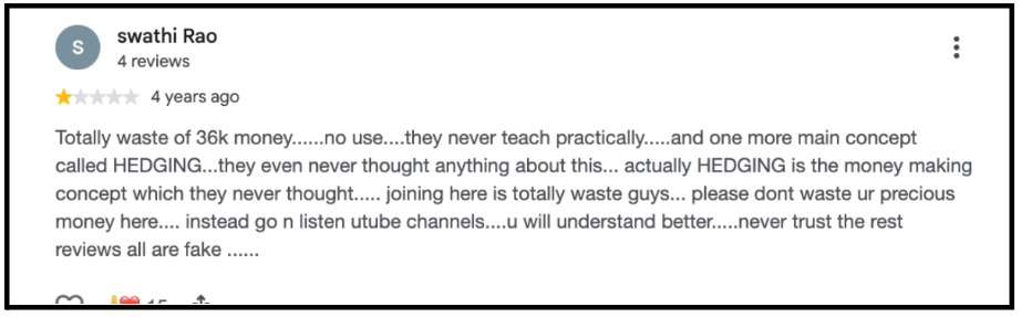 Swathi Rao criticizing StockPro trading course for lacking practical teaching and hedging concepts