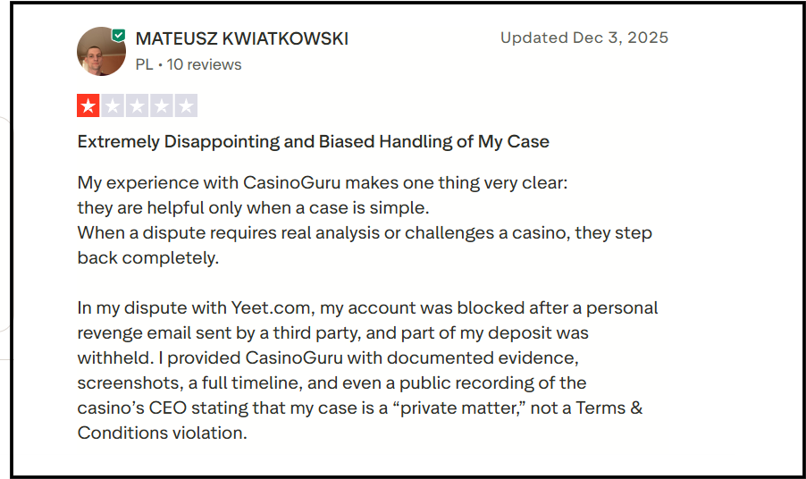 casino guru user complaints
