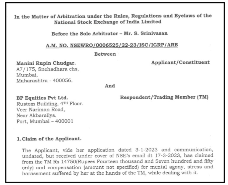  arbitration claim against BP Equities Pvt Ltd