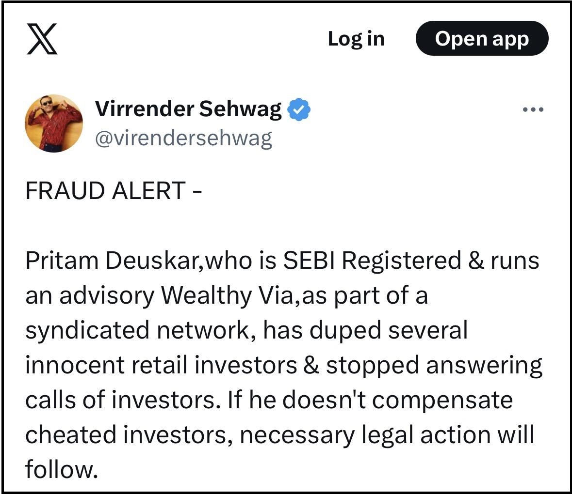 pritam prabodh deuskar complaints by virrender sehwag