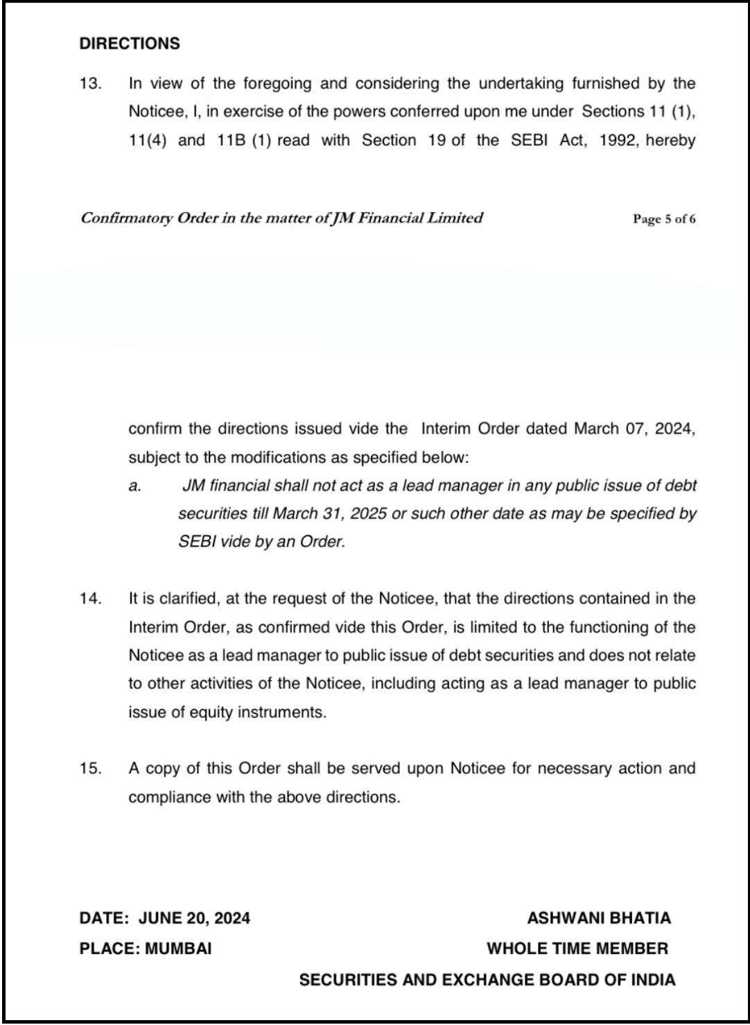 sebi directions against jm financial complaints