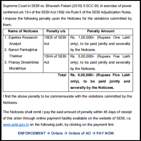 sebi imposed penalties on eqwires complaints