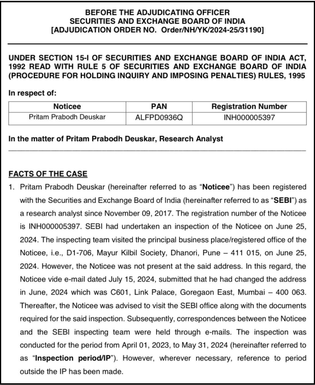 sebi penality against pritam prabodh deuskar