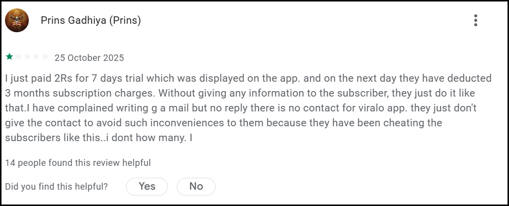 viralo app poor customer support complaints