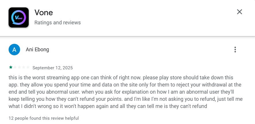 vone app user complaint