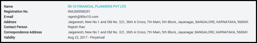 SEBI registration details table for 90-10 Financial Planners Pvt Ltd showing registration number, email, address, contact person, and validity.