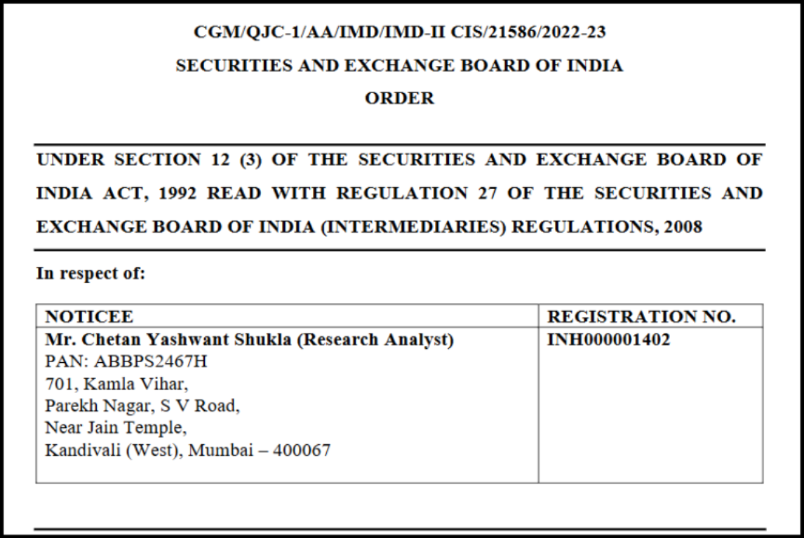 sebi order against chetan yashwant shukla 