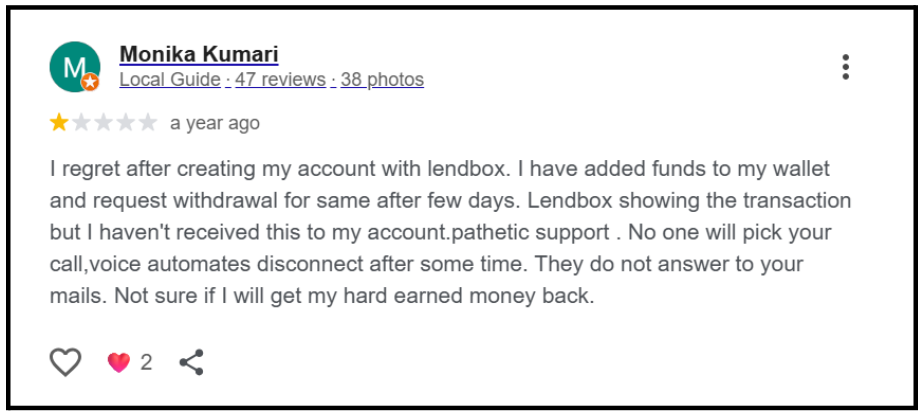 Lendbox user complaint