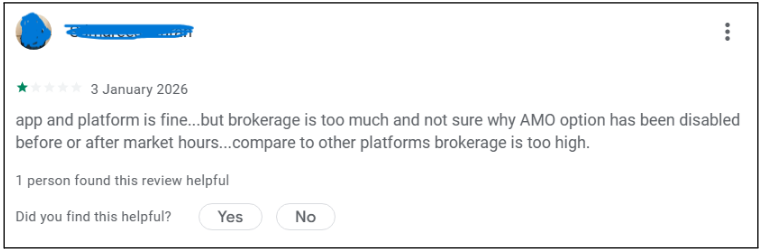 App review from a trader reporting the sudden disabling of the After Market Order (AMO) feature without notice.
