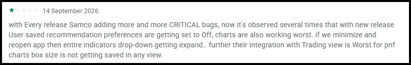 One star Samco app review dated 14 September 2026 about critical bugs after updates