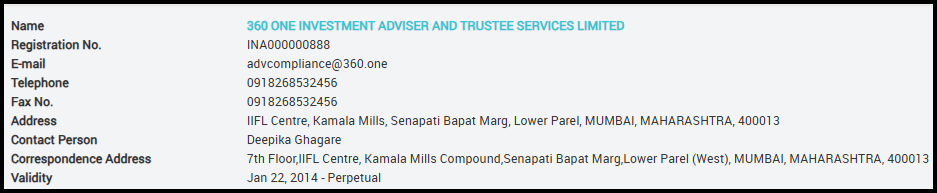 Registration details of 360 ONE Investment Adviser and Trustee Services Limited, Reg. No. INA000000888.