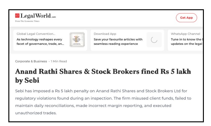 Penalty of ₹5 Lakh Imposed on Anand Rathi for Unauthorised Trading