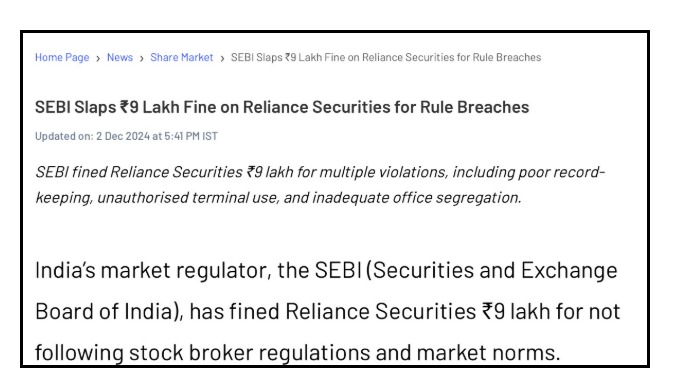 SEBI Imposed a Penalty on Reliance Securities for Unauthorised Trading