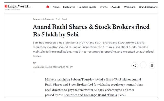 SEBI action Unauthorised Trading by Anand Rathi