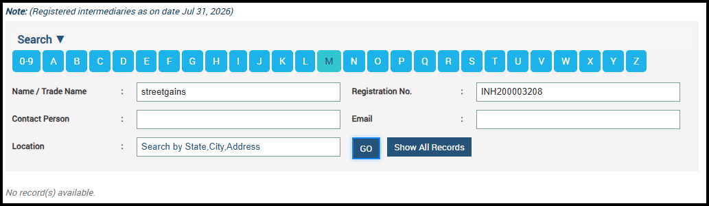 Streetgains Old Registration Number