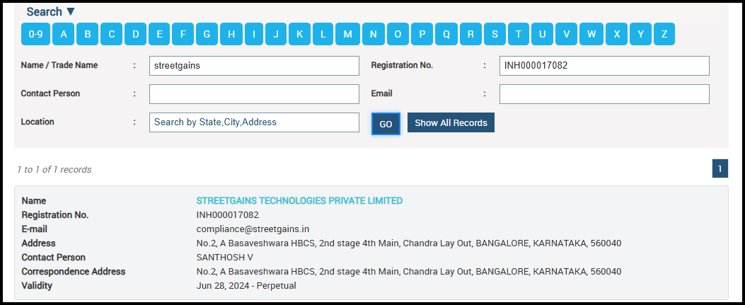 Streetgains Active Registration Number