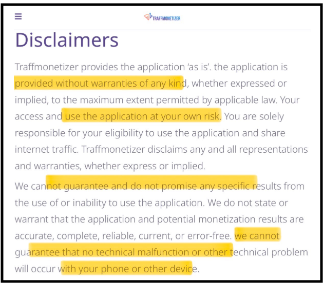 Traffmonetizer disclaimer
