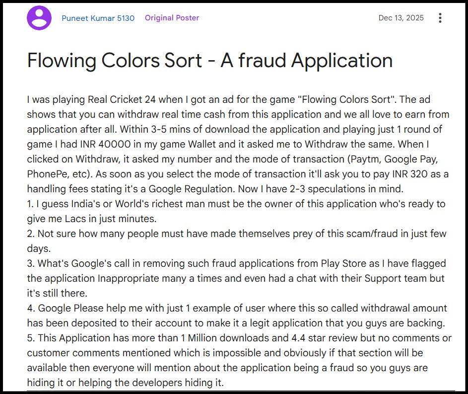 Flowing Colors Sort User Complaint