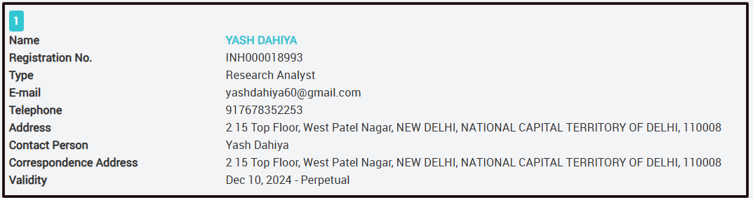 Yash Dahiya SEBI-registration