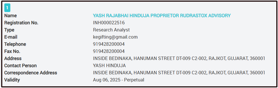 Rudrastox Advisory SEBI registration