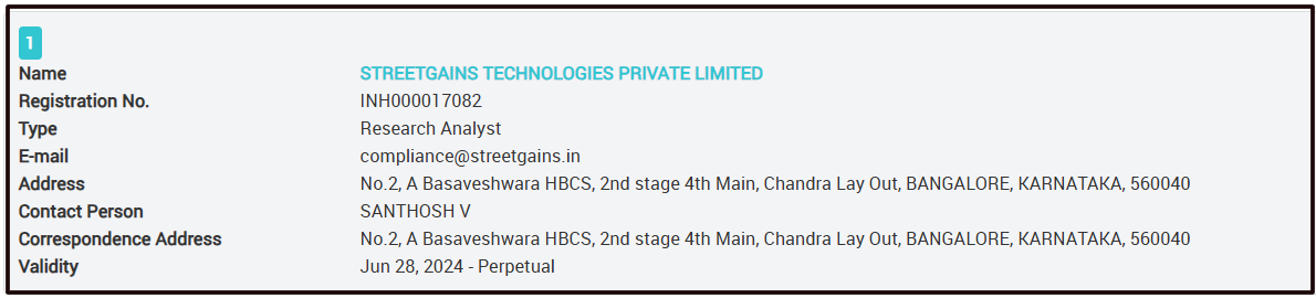 Streetgains SEBI registration