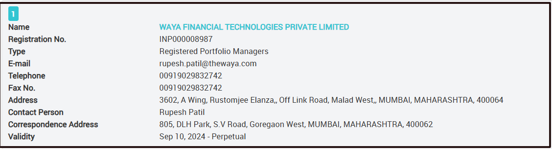 Waya Financial Technologies SEBI registration