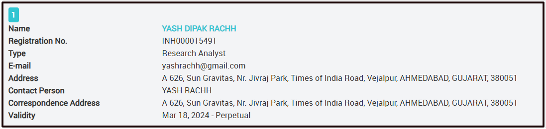 Yash Rachh SEBI registration