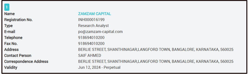 Zam Zam Capital SEBI registration