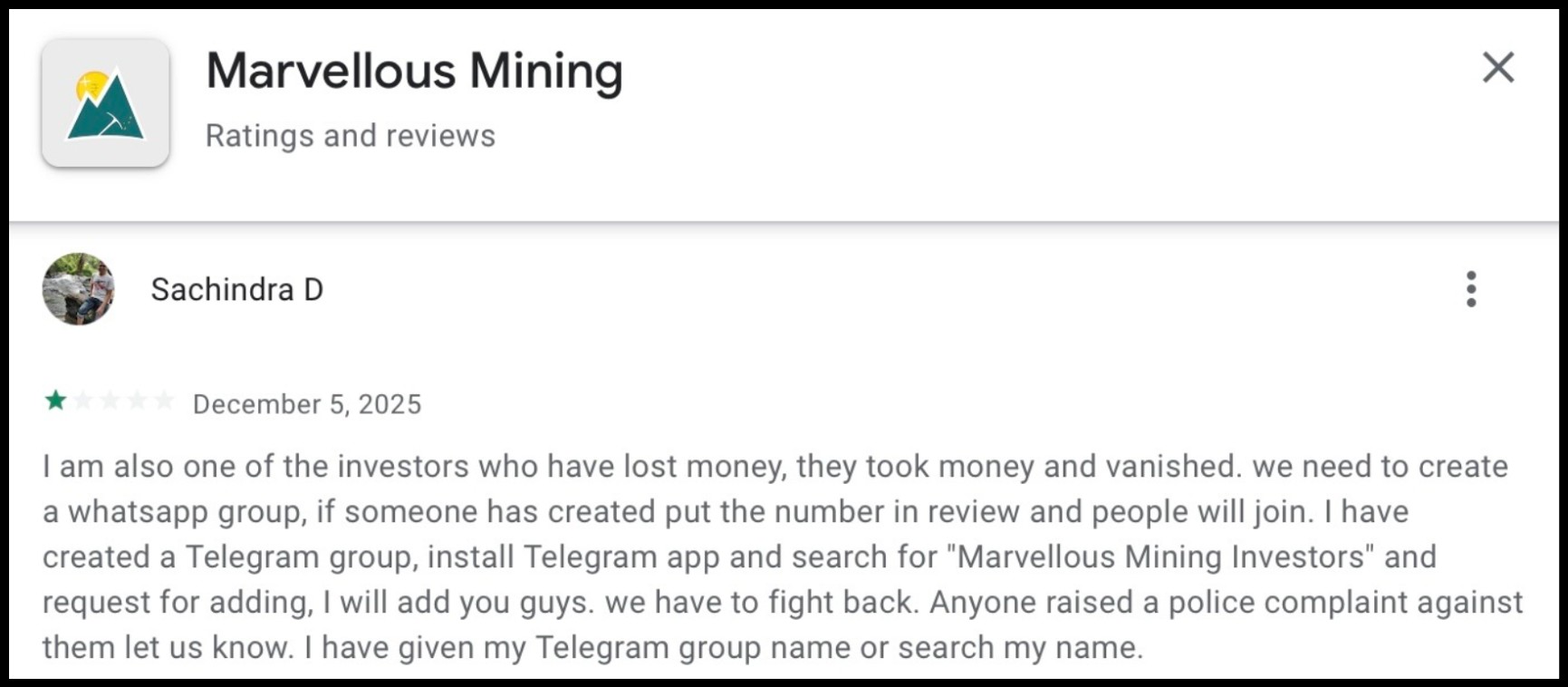 Marvellous Mining app complaints
