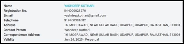 Yashdeep Kothari sebi registered