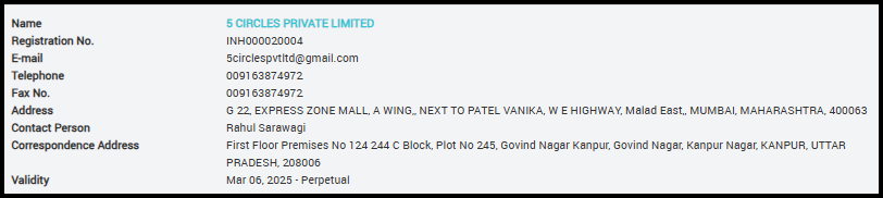 SEBI registration details table for 5 Circles Private Limited showing registration number, contact information, address, and validity.