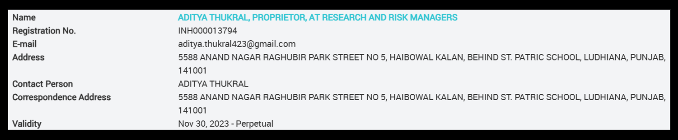 Aditya Thukral sebi registration
