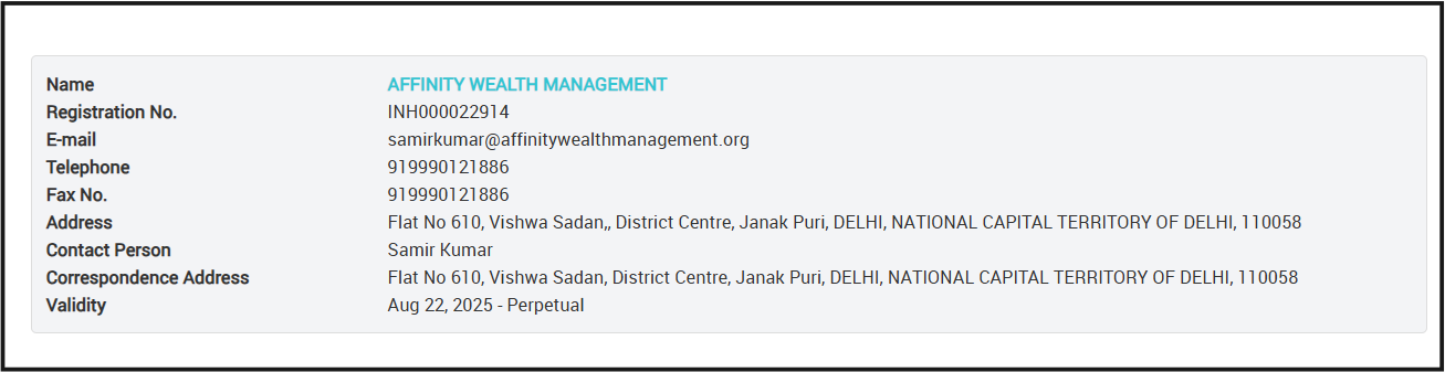 Affinity Wealth Management SEBI details