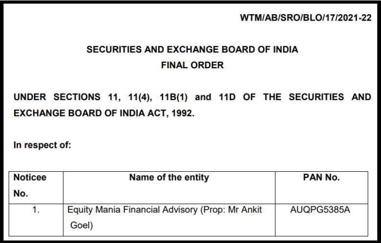 Equity Mania Financial Advisory SEBI ORDER