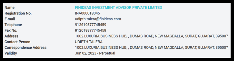 Finideas Investment Advisor sebi details