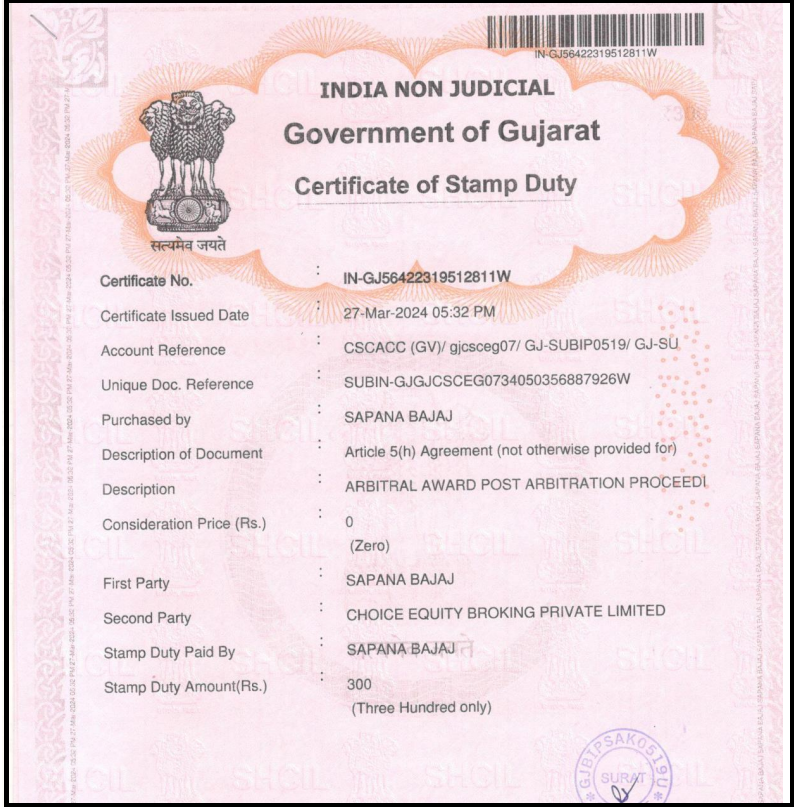 Government of Gujarat stamp duty certificate for NSE arbitration award against Choice Equity Broking for unauthorised trading