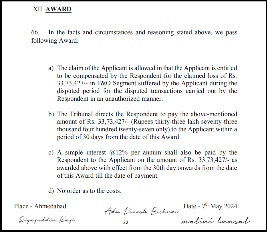 NSE arbitration award document showing ₹33.73 lakh compensation against Choice Equity Broking for unauthorised trading