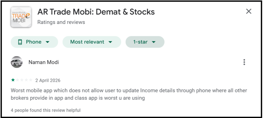 User review highlighting AR Trade Mobi app error preventing income detail and KYC updates
