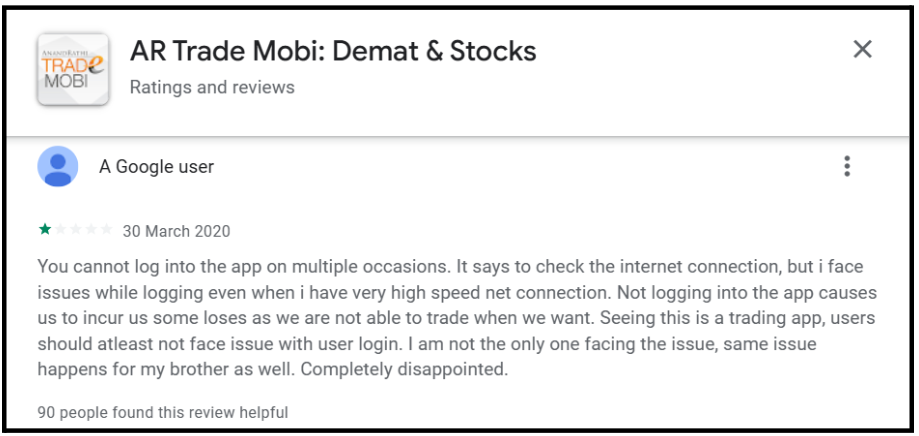User review describing AR Trade Mobi login failures during market hours causing financial loss