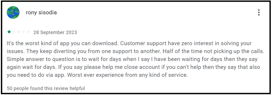 Screenshot of a 1-star Google Play Store review for Alice Blue describing unresolved customer support transfers and poor service.