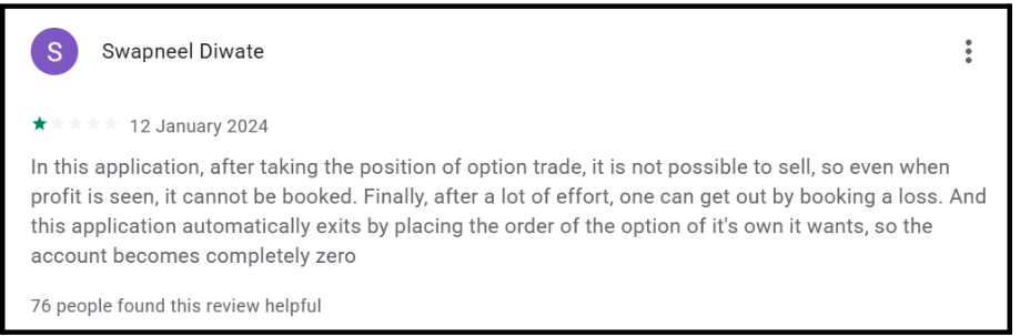 Google Play Store review showing a user complaint about the Alice Blue app blocking options trade exits and forcing losses.