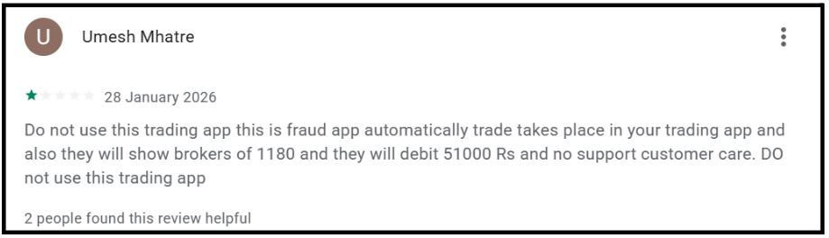 1-star Google Play Store review reporting unauthorized automatic trades and unexplained account balance deductions on Alice Blue.