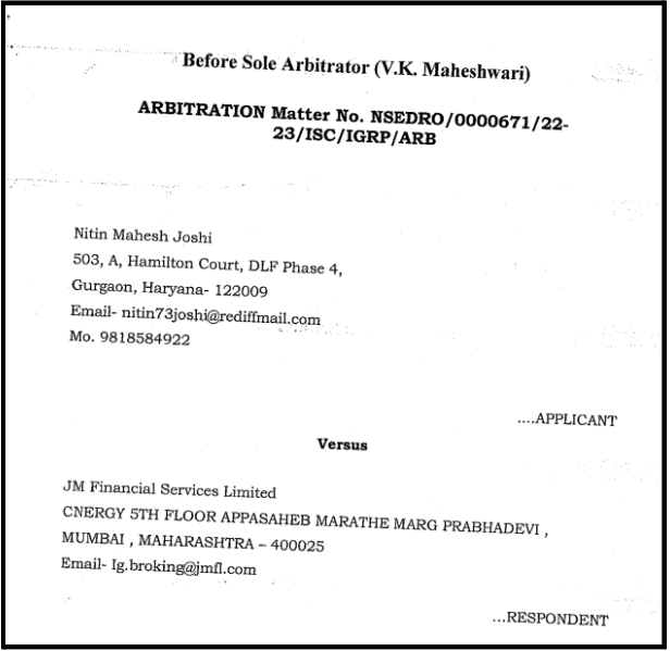 Official NSE Arbitration Award order copy detailing Nitin Joshi case against JM Financial Services Limited