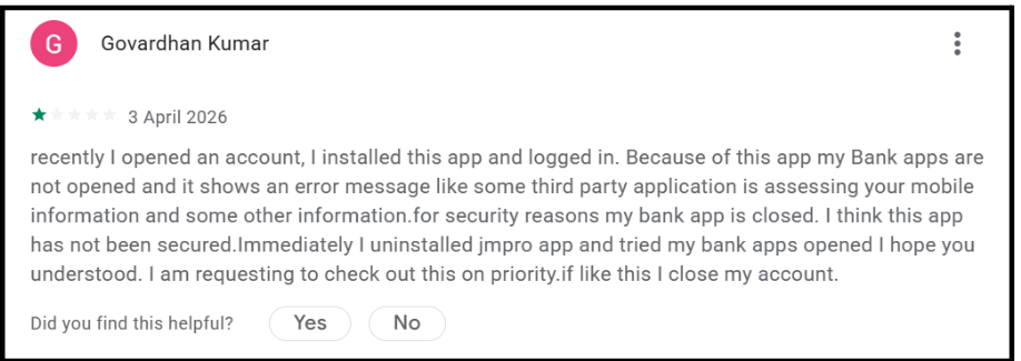 Customer review warning about security alerts and banking app warnings triggered by installing JM Pro