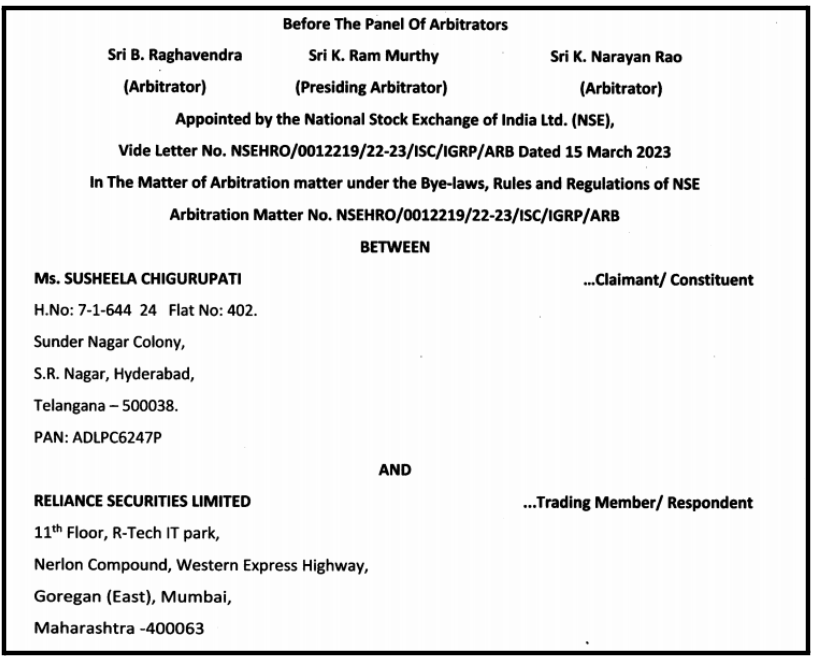 Reliance Securities Arbitration Case 