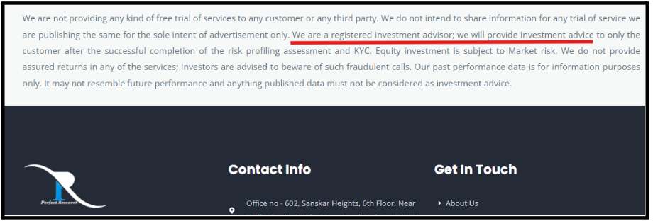 Perfect Research disclaimer page